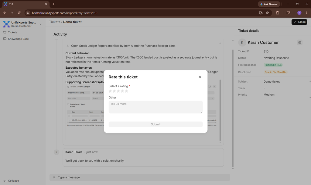 Feedback screen after clicking Close